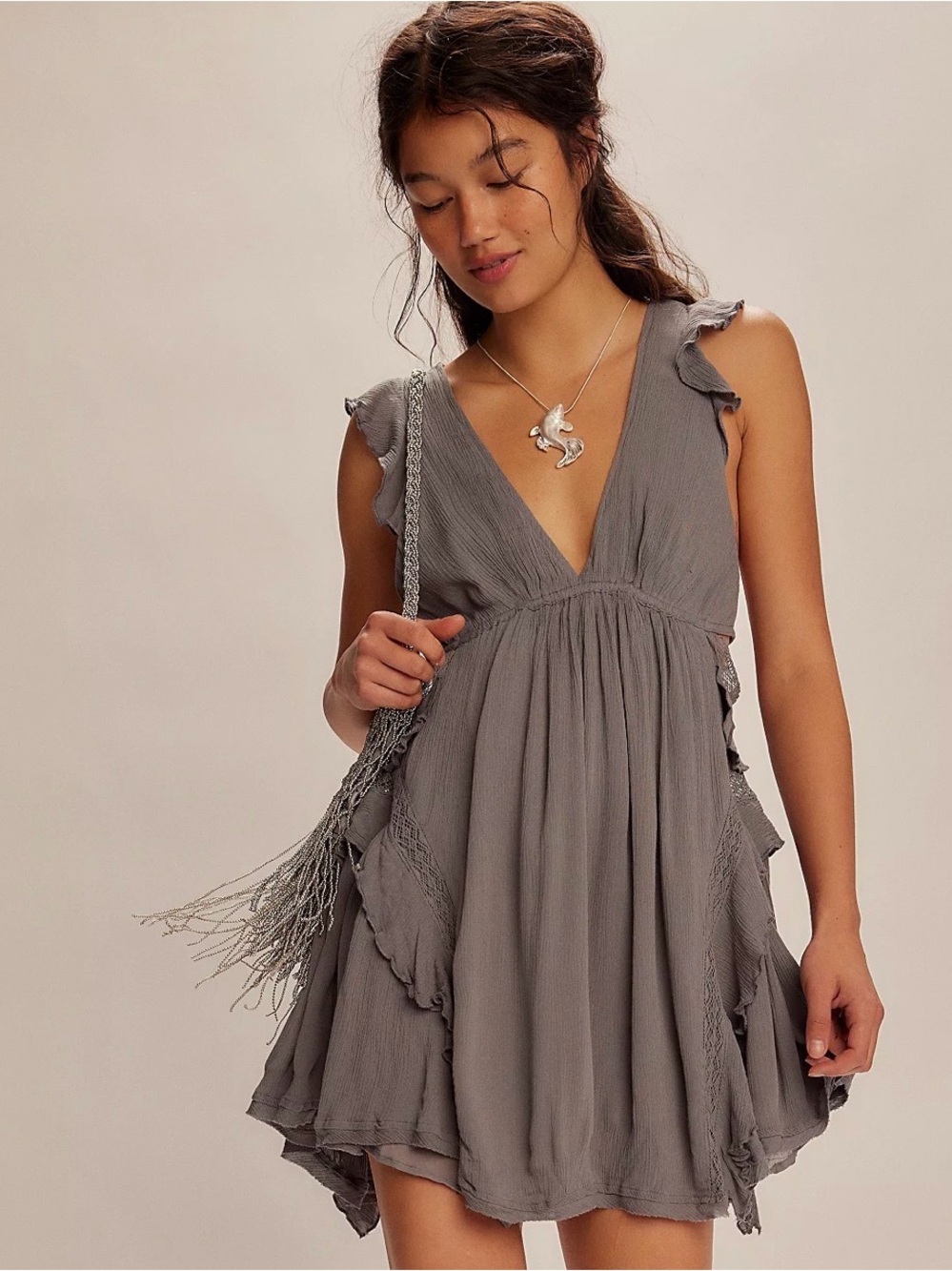 Free People Gray Ruffled V‑Neck Mini Dress